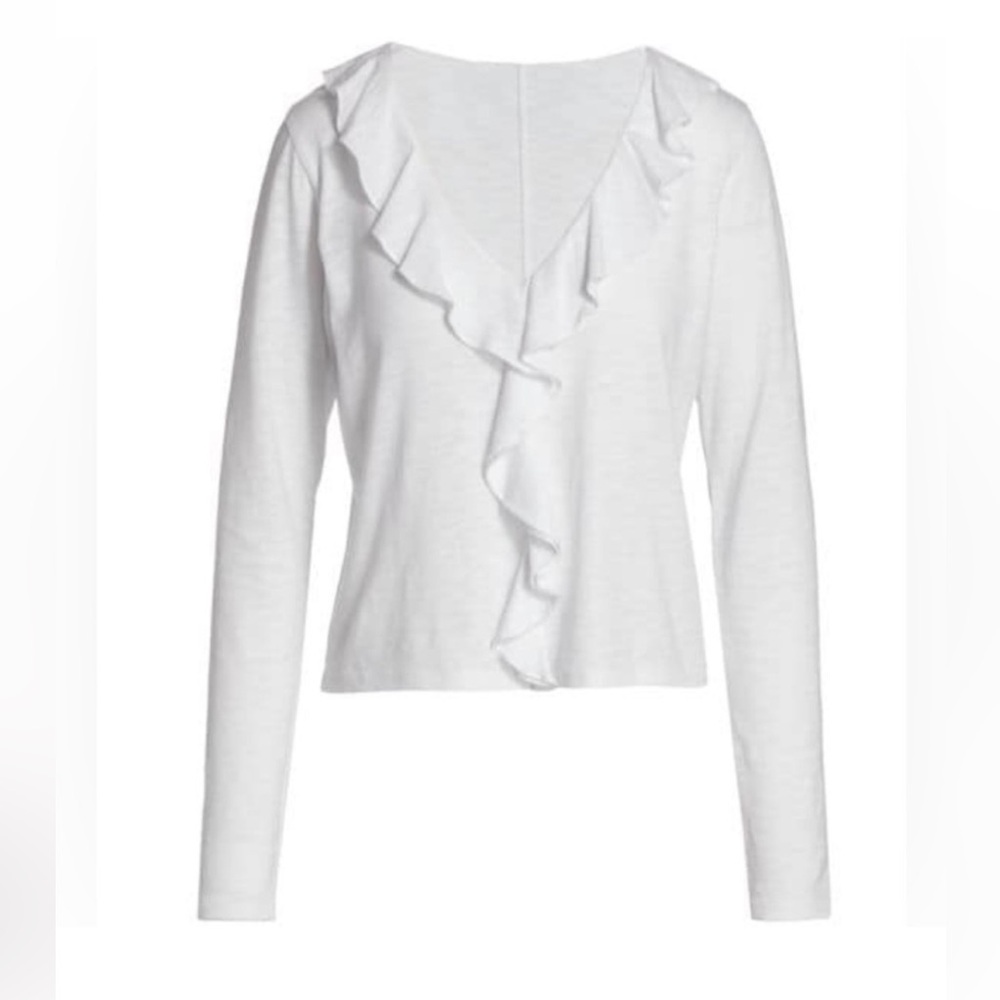 Veronica Beard New V Neck White Ruffle-Front Long-Sleeve Top